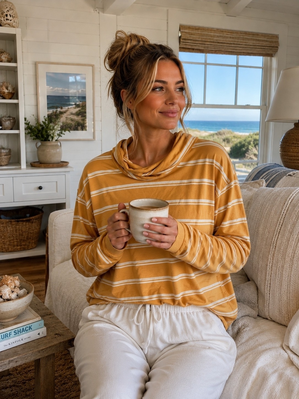 Garnet Hill Mustard Striped Cowl Neck Sweater